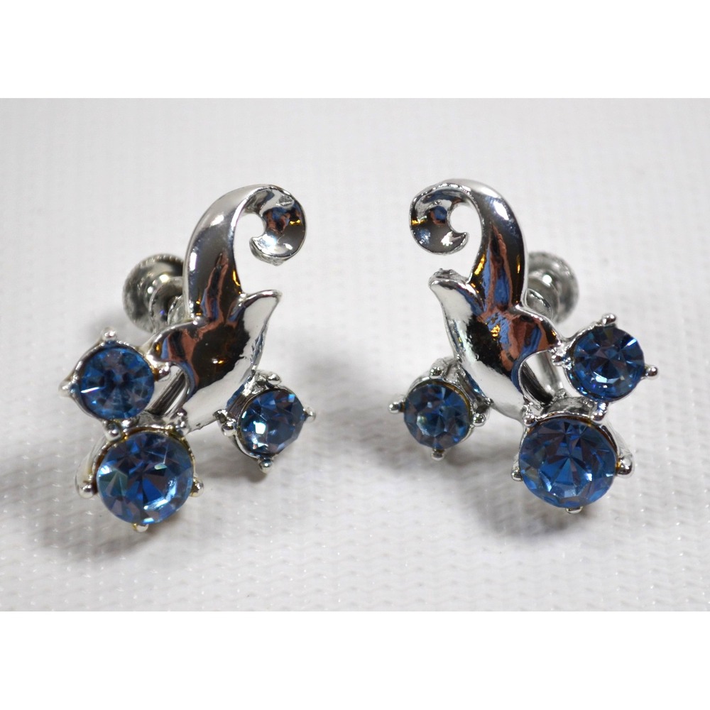 CORO Vintage Silver Tone SCREWBACK EARRINGS Blue Rhinestones 1"